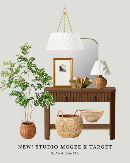 NEW! Studio McGee x Target decor.
-
Entryway decor - affordable entryway moodboard - wood console table - curved mirror - wicker base table lamp - framed travel art - woven basket - textured ceramic bowl - faux tree studio McGee - fluted chandelier lamp - brass wavy bowl - affordable home decor - target home decor 

#LTKfindsunder50 #LTKhome #LTKfindsunder100