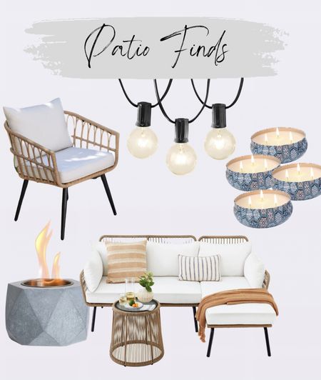 Patio furniture, patio seating, modern farmhouse patio, home decor, twinkly lights, deck lights, patio lights, mini fire pit, citronella candles, preppy home decor, antique home

#LTKhome