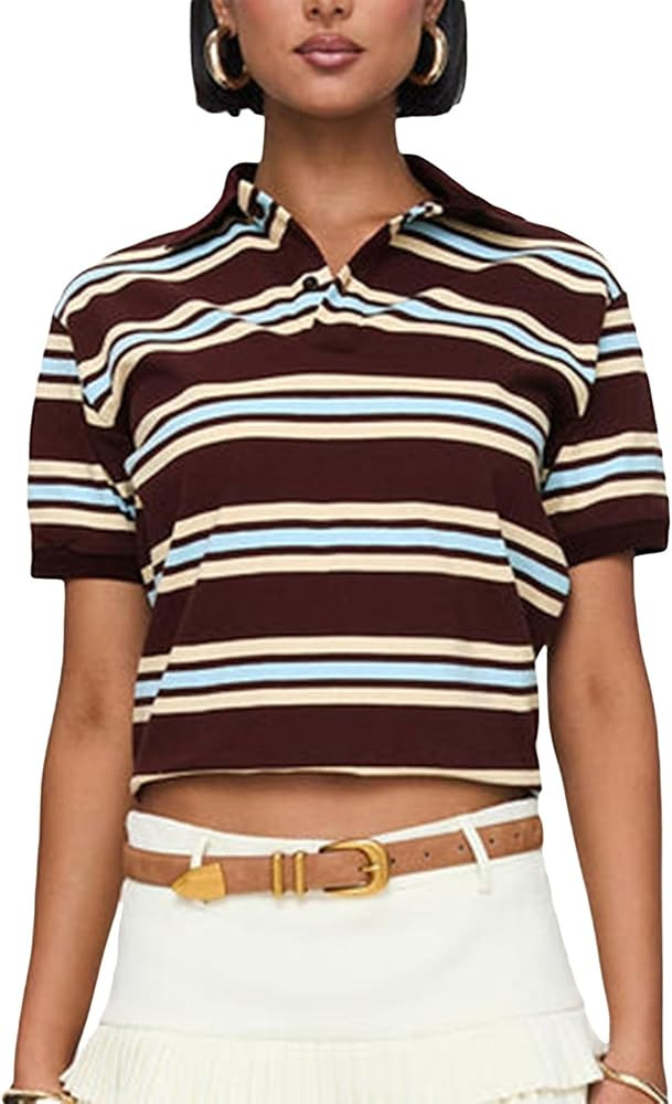 Women's Summer Polo Shirts Casual Striped Print Lapel Collar Short Sleeve Tops Streetwear Aesthet... | Amazon (US)