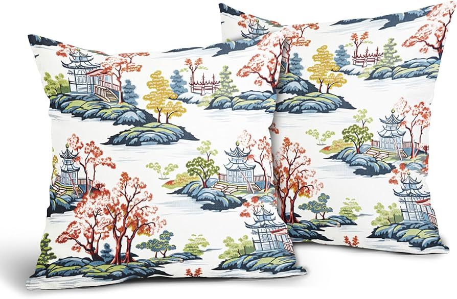 Chinoiserie Pillow Cover 18x18 Inch Blue and White Throw Pillow Covers Red and Green Tree Farmhou... | Amazon (US)
