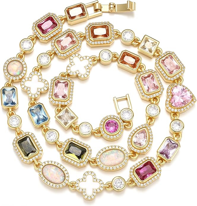 Amazon.com: BREN Tennis Necklaces for Women - Gold Plated Gemstone Necklace Cubic Zirconia Chain ... | Amazon (US)