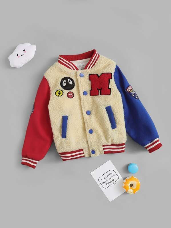 Toddler Boys Cartoon Embroidery & Patched Teddy Jacket | SHEIN