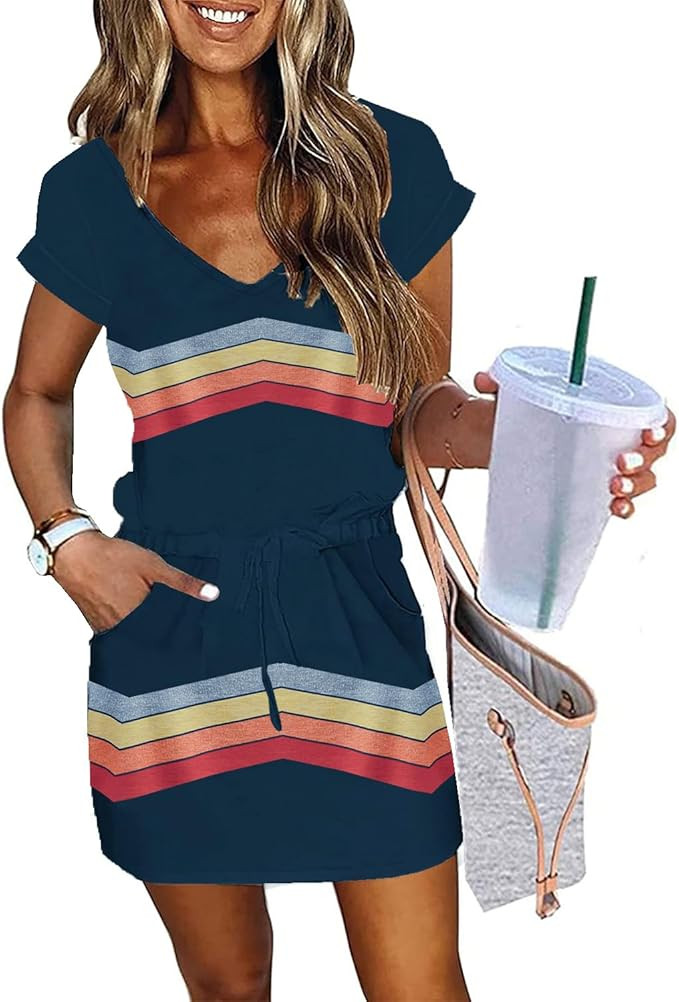 Womens Summer Dress Lantern Sleeve Square Neck Tie Front A-Line Double Layer Hem Mini Dresses | Amazon (US)