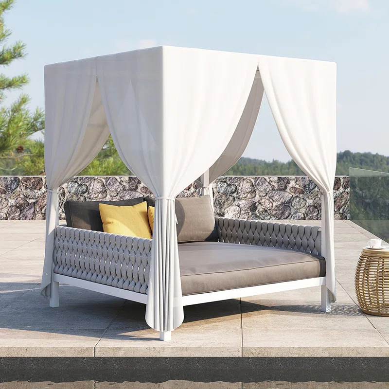 White Aluminum & Gray Woven Rope 2-Person Outdoor Patio Daybed with Canopy Curtains | Wayfair North America