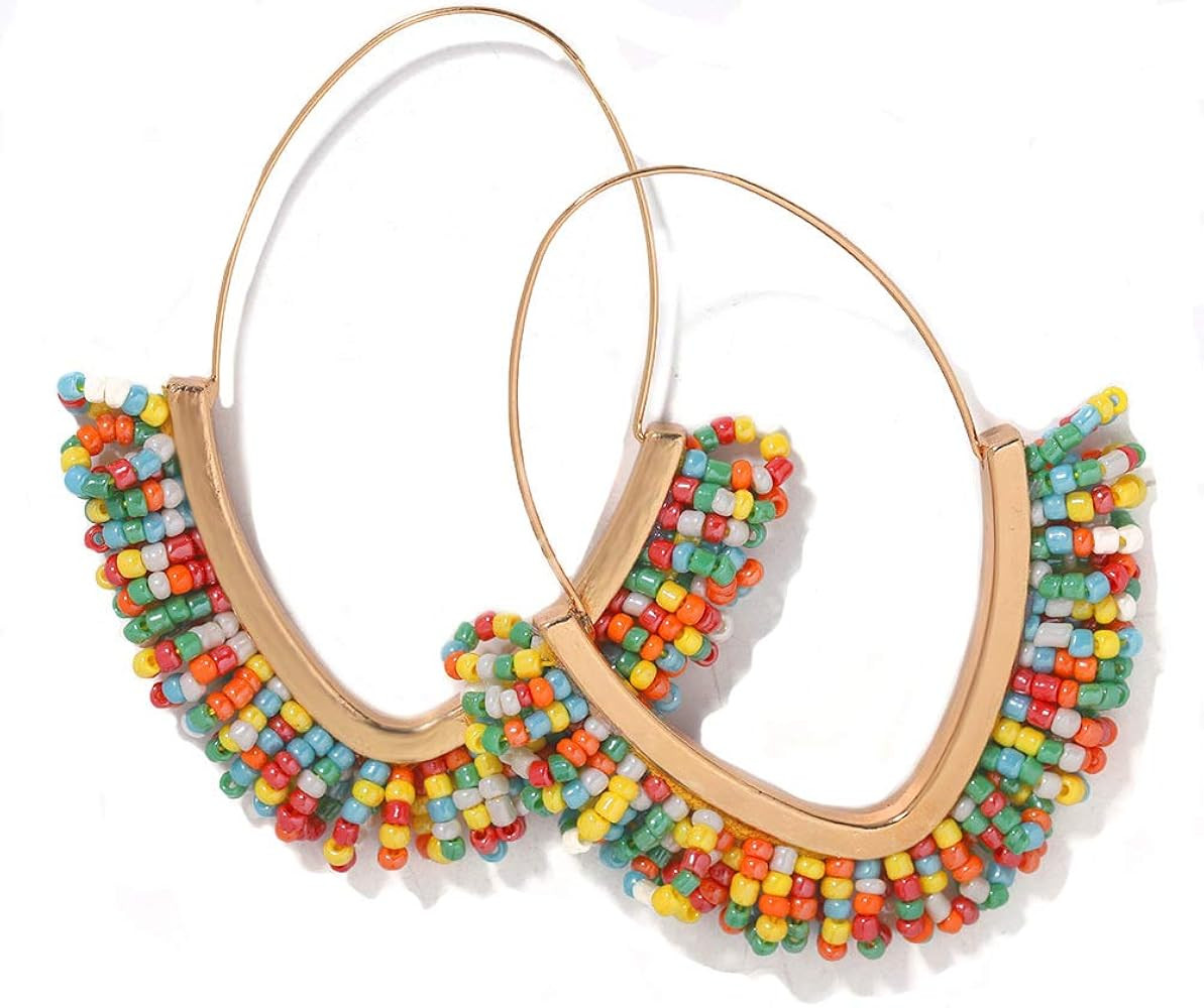 Beaded Dangle Earrings – V-shaped Beaded Earrings Statement Beaded Drop Fringe Earrings, Boho Handma | Amazon (US)
