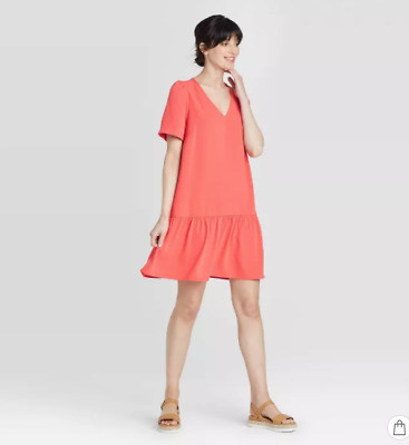 A New Day Women's Short Sleeve Ruffle Hem Dress Pink XS S NWT E1 | eBay US