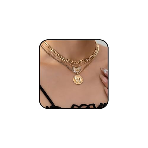 sunglnl Gold Layered Necklaces For Women, 3PS Chunky Two Tone Necklace Silver Coin Pendant Paperclip Stacked Chain Trendy Statement Jewelry Gift (two-butterfly) | Amazon (US)
