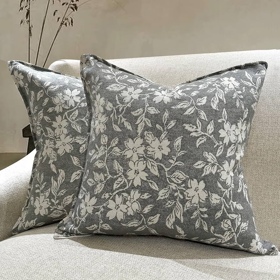 makkey Gray Floral Pillow Covers 20x20 Pack of 2 Pillow Cover Jacquard Couch Pillows Vintage Flow... | Amazon (US)