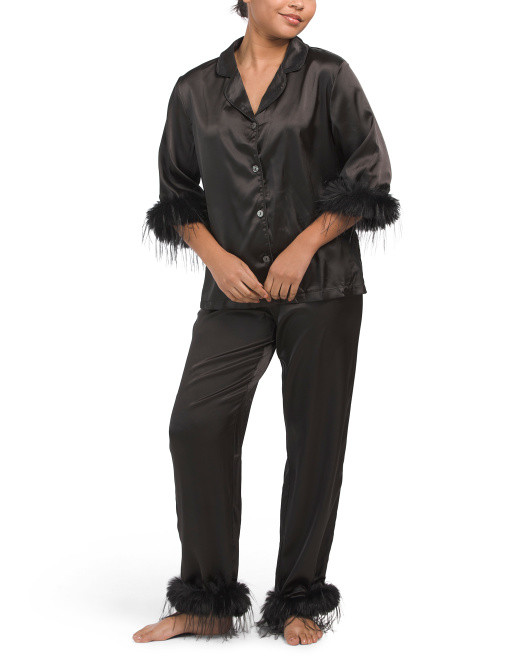 Duana Faux Feather Trim Notch Collar Pajama Set | TJ Maxx
