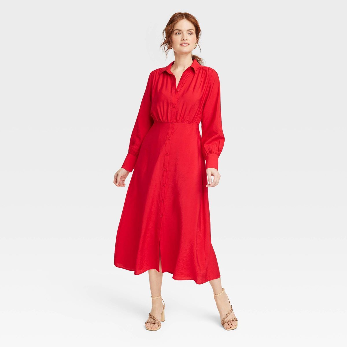 Women's Long Sleeve Collared Midi Crepe Shirtdress - A New Day™ Red S | Target