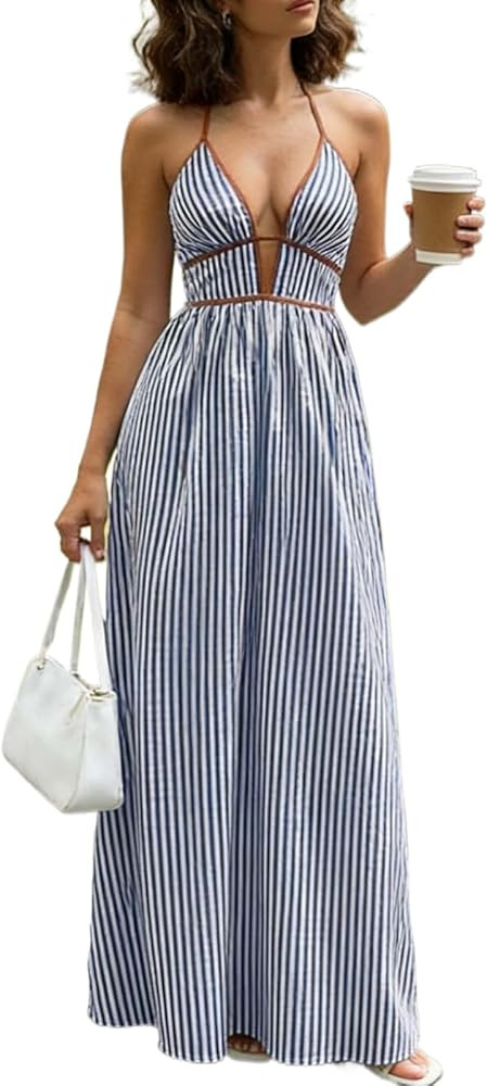 Women's Striped Backless Tie Halter Dress, Deep V Neck Sleeveless Sexy Summer Beach Vacation Maxi... | Amazon (US)
