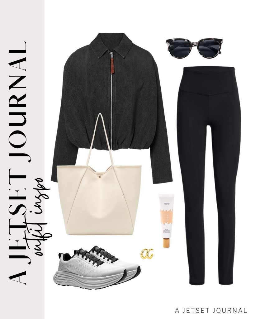 A black jacket paired with black leggings is a great combination. I love wearing NORTIV walking shoes with this outfit and SOJOS cat-eye sunglasses. 

 #LTKSeasonal #LTKSaleAlert #LTKTravel