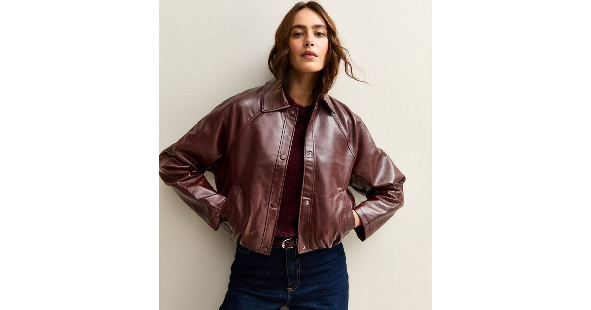 Dark Burgundy Bubble Hem Faux Leather Jacket | New Look | New Look (UK)