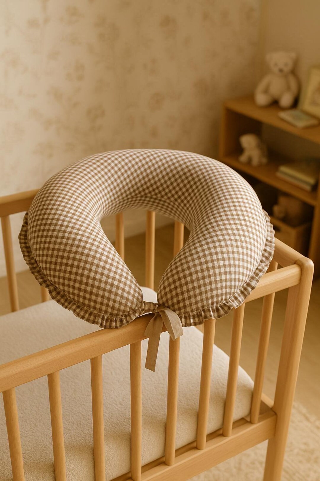 Ruffle Gingham Nursing Pillow – Brown Beige Checkered Breastfeeding Cushion - Etsy | Etsy (US)