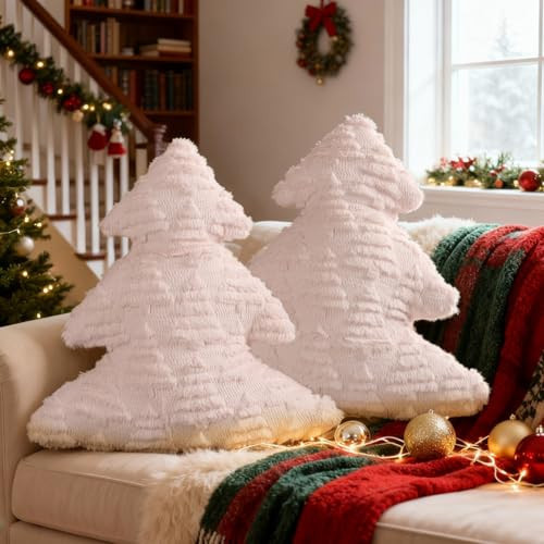 Lanpn Christmas Tree Pillows Set of 2, Tree Christmas Decoration Winter Soft Cute Xmas Tree Shaped Throw Cushion for Bedroom Couch Sofa Xmas Decor (18x16 inch, Beige) | Amazon (US)