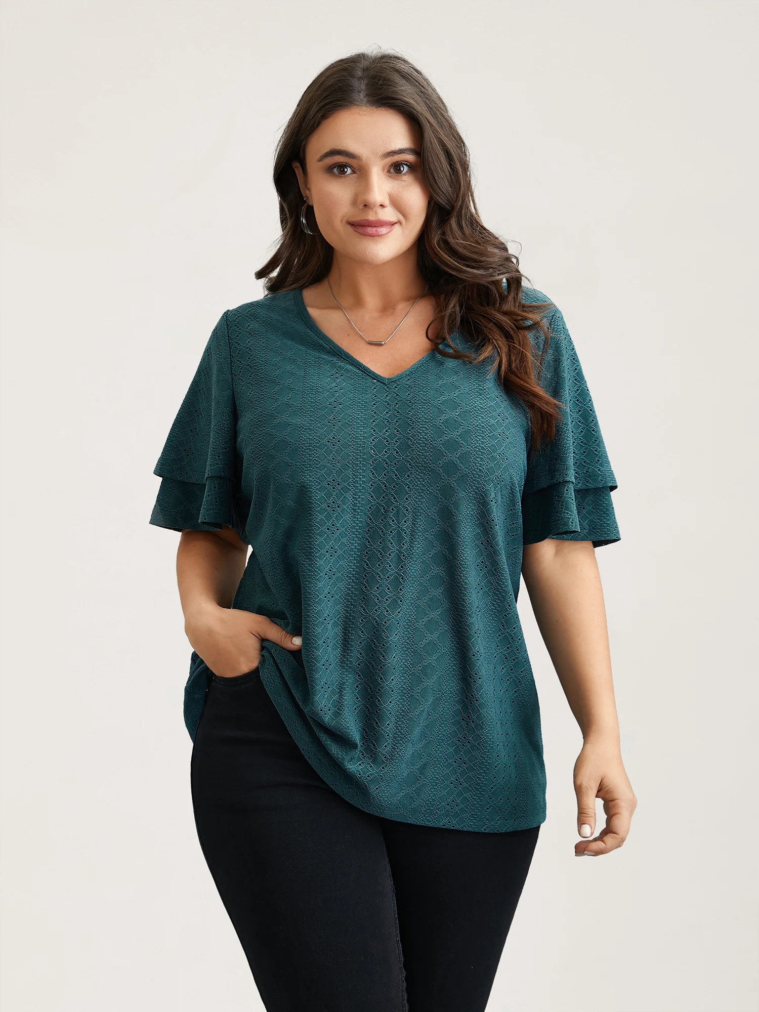 Jacquard Textured Lotus Leaf Sleeve Top | Bloomchic