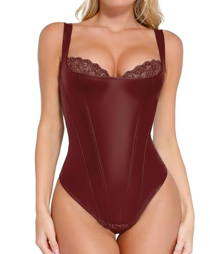 Popilush Leather Shapewear Bodysuits for Women Tummy Control Lace Tank Tops Sleeveless Faux Leather Thong Body Suits XX-Large | Amazon (US)