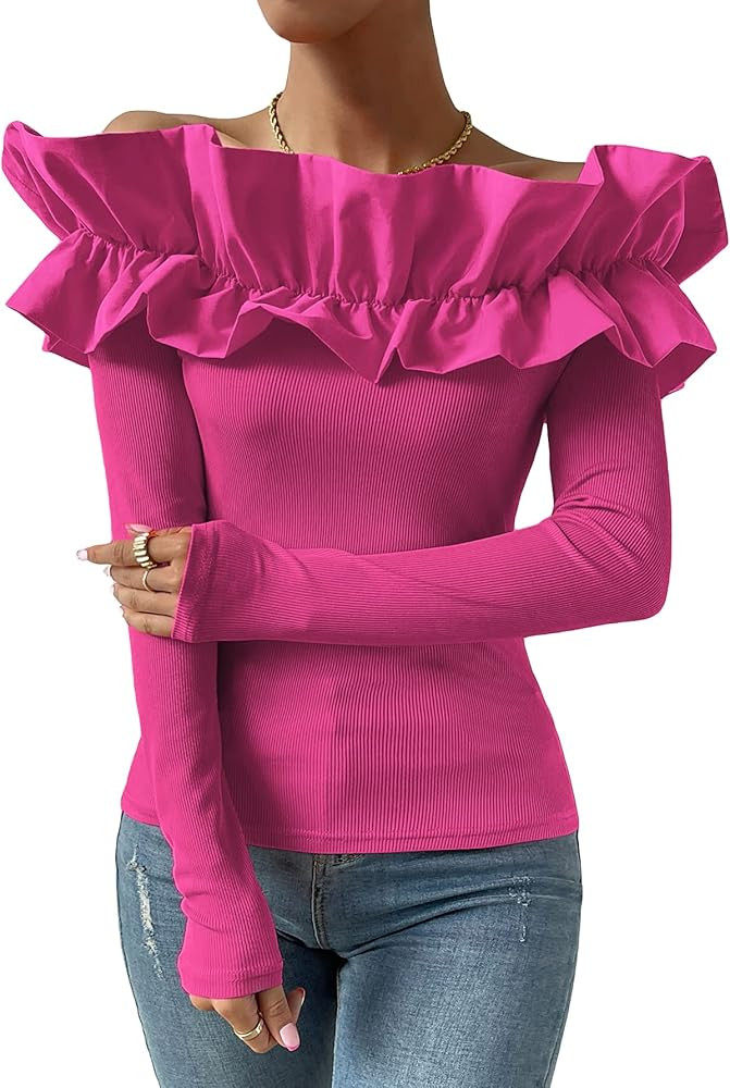 OYOANGLE Women's Long Sleeve Rib Knit Ruffle Off Shoulder Blouse Party Tops Shirt | Amazon (US)