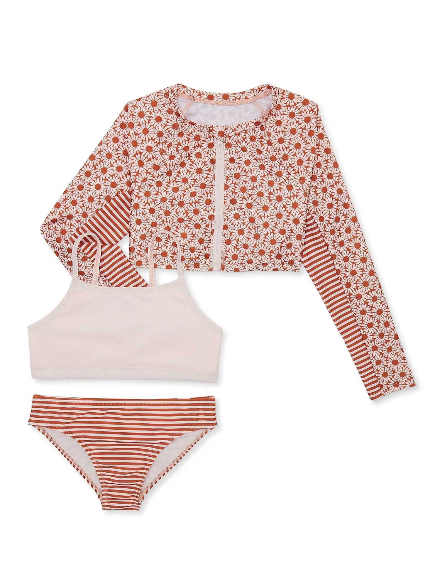 Wonder Nation Girl's Rashguard Swimsuit Set, 3-Piece, Sizes 4-18 | Walmart (US)