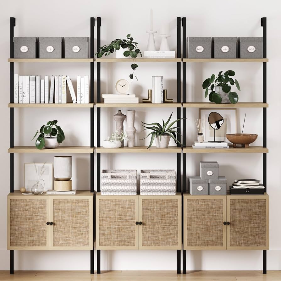 Nathan James Theo Industrial Open Shelf Bookcase with Accent Rattan Drawers Light Oak Wood, Matte... | Amazon (US)