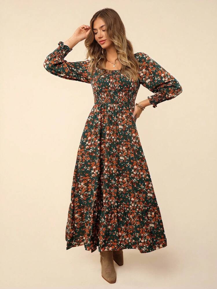 Coeurva Floral Print Square Neck Flounce Sleeve Ruffle Hem Dress | SHEIN