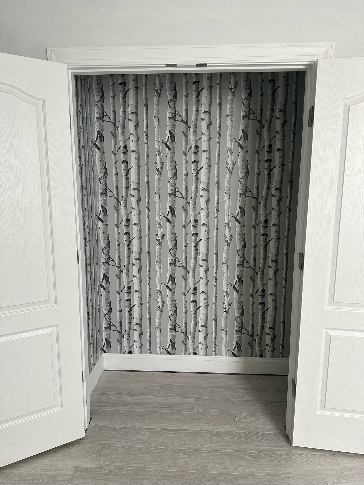 Easy peel and stick wallpaper with birch tree print, this is our nursery closet before the shelving went in!

#LTKhome
