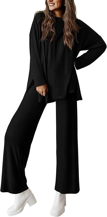 PRETTYGARDEN Women's Two Piece Lounge Sets Matching Long Sleeve Shirts Wide Leg Pants Tracksuits ... | Amazon (US)