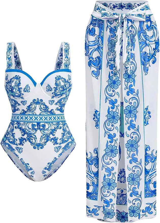 Milumia Women's Two Piece Bathing Suits Floral One Piece Swimsuit with Coverup Skirt | Amazon (US)