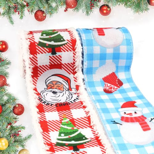 Hying Christmas Ribbons for Wreath Bows Ornaments - Red Blue Burlap Wired Edge Ribbon for Xmas Santa Crafts, Party Decorations Supplies (2 Rolls) | Amazon (US)