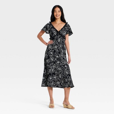 Women's Short Flutter Sleeve V-Neck Midi Dress - A New Day™ Black XS | Target
