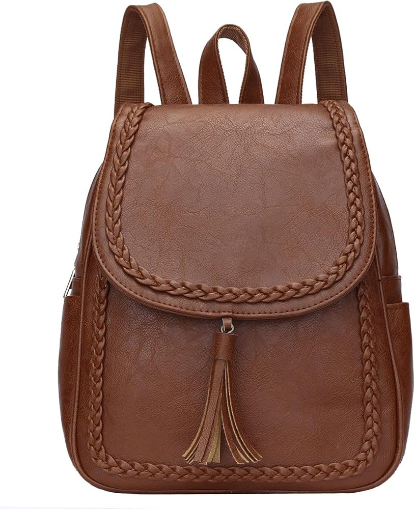 KKXIU Fashion Small Synthetic Leather Backpack Purse For Women and Ladies with Tassel (Brown) | Amazon (US)
