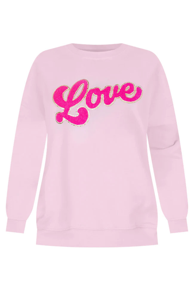 Love Script Chenille Patch Light Pink Oversized Graphic Sweatshirt FINAL SALE | Pink Lily