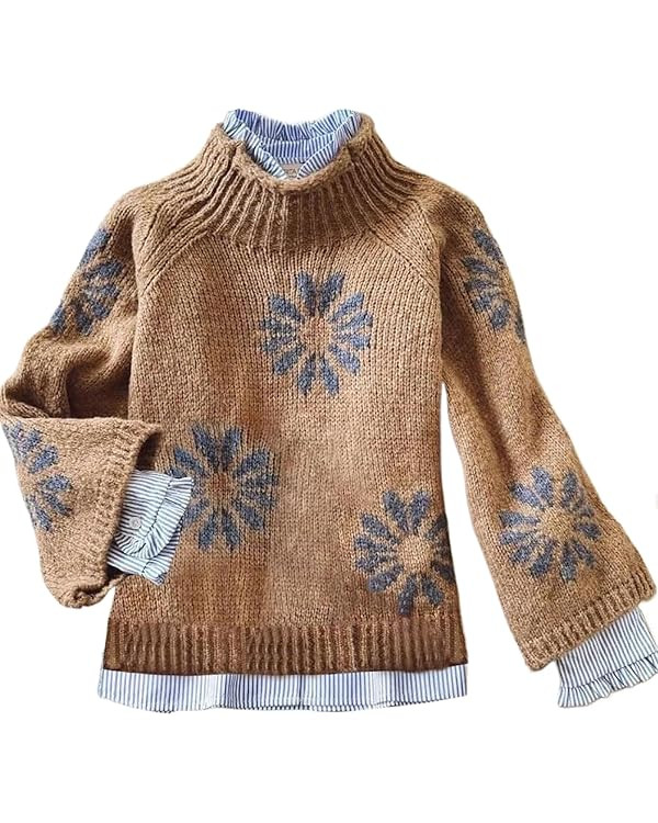 Sweaters for Women Floral Mock Neck Oversized Long Sleeve Cable Knit Pullover Jumper Chic Tops | Amazon (US)
