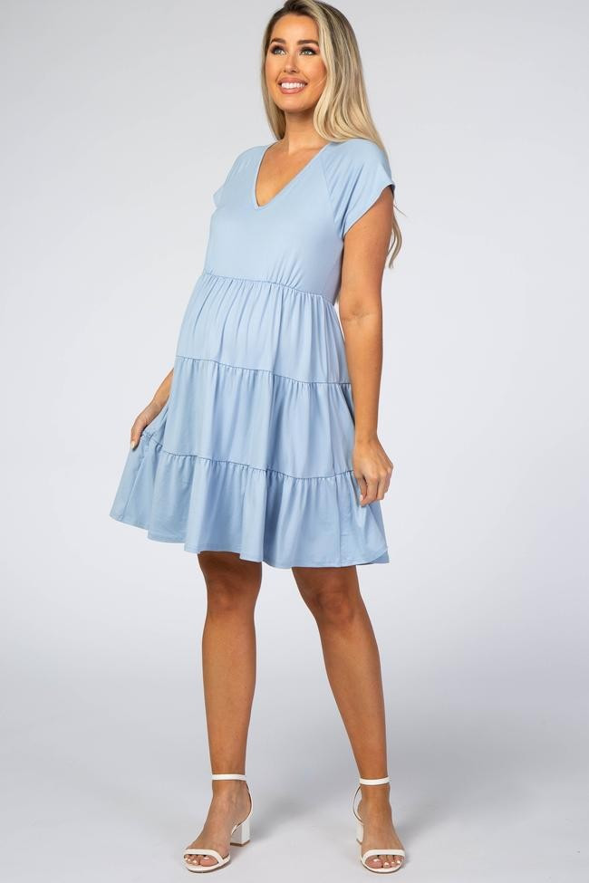 Light Blue Tiered Maternity Dress | PinkBlush Maternity