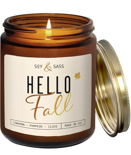 Fall Candles - 'Hello Fall Candle'' Autumn Scented Soy Candles for Home, Fall Scented Candles for Home, Fall Home Décor, 9oz Reusable Jar, 50Hr Burn, Made in USA | Amazon (US)