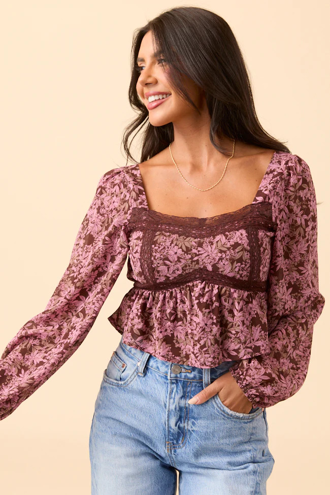 Ann Maria Brown And Pink Lace Trim Floral Blouse | Pink Lily
