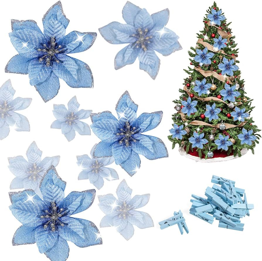 Whaline 24 Pcs Blue Poinsettia Artificial Christmas Flowers with 24 Pack Clips, Glitter Christmas... | Amazon (US)