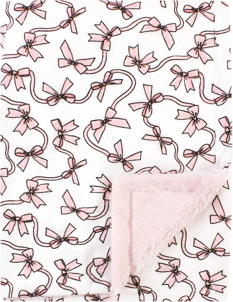 Hudson Baby Unisex Baby Plush Blanket with Furry Binding and Back, Pink Bows, One Size | Amazon (US)