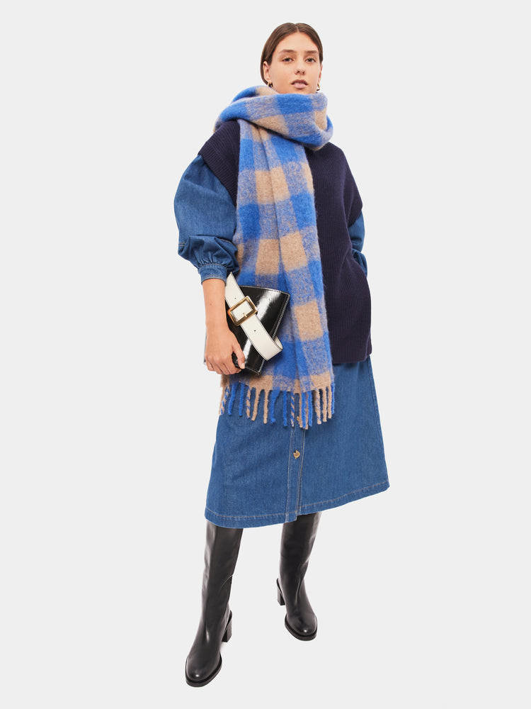 Alpaca Check Blanket Scarf | Blue | Jigsaw (UK)