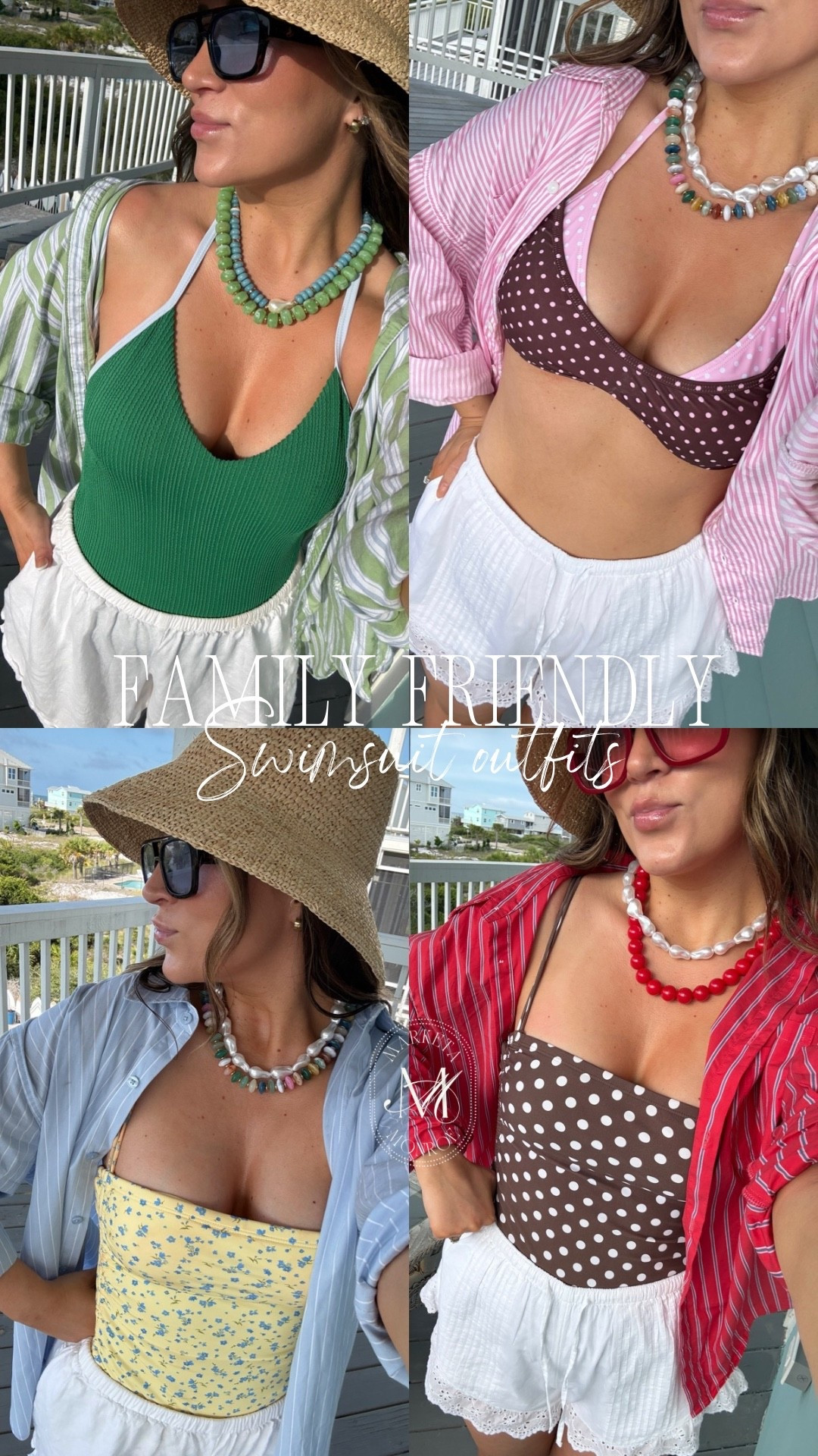 Family friendly swimsuit. Summer outfit. Poolside outfit. Beach summer outfit. One piece swimsuit. Summer outfit. Raffia hat, beaded necklaces.

#LTKootd