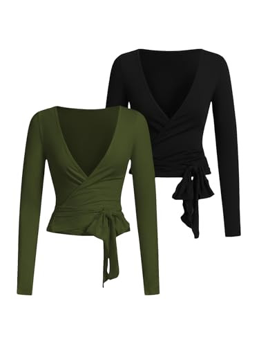 SweatyRocks Women's Pilates Outfits Wrap Tops Ballet Yoga Coquette Shirt Cute Long Sleeve Workout Activewear Black and Green Small | Amazon (US)