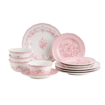 222 Fifth Genevieve Pink Porcelain 12-Piece Dinnerware Set for 4 - Floral Pattern, Ceramic Plates and Bowls Set, Dishwasher & Microwave Safe | Wayfair North America