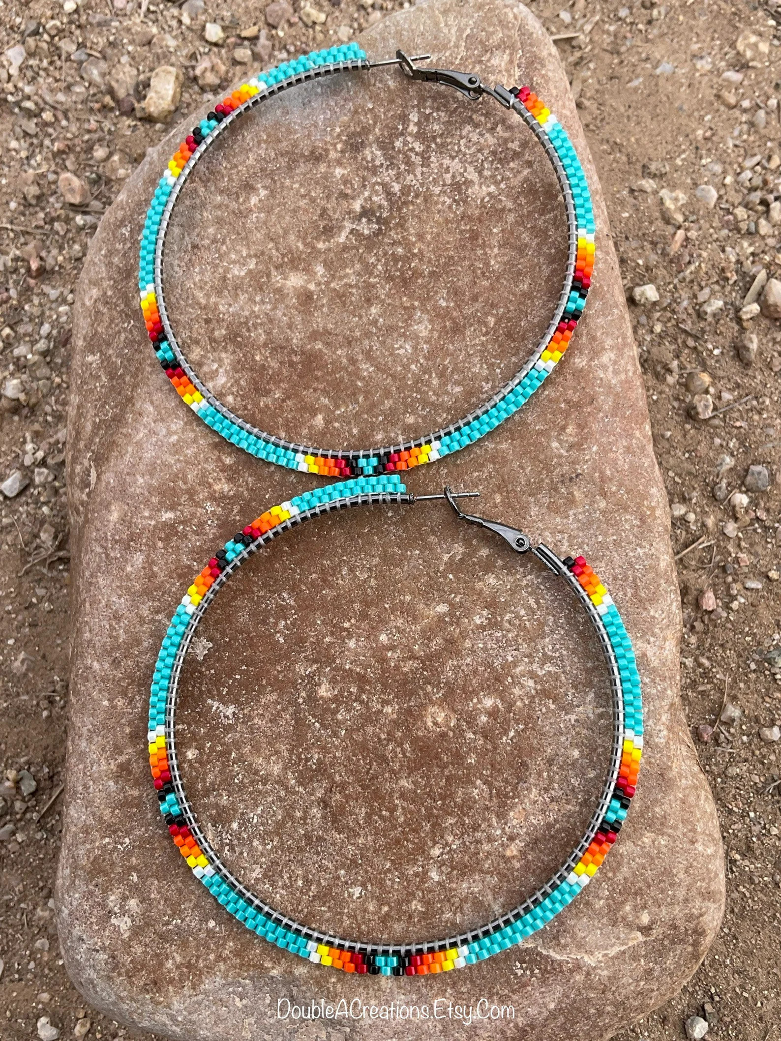 Turquoise With Native Colors Beaded 2.5 Inch Hoop Earrings - Etsy | Etsy (Global)
