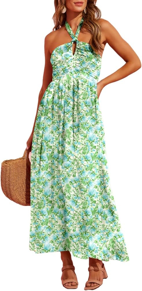 Dokotoo Women's Summer Dresses Halter Neck Sleeveless Backless Flowy A Line Boho Maxi Dress | Amazon (US)