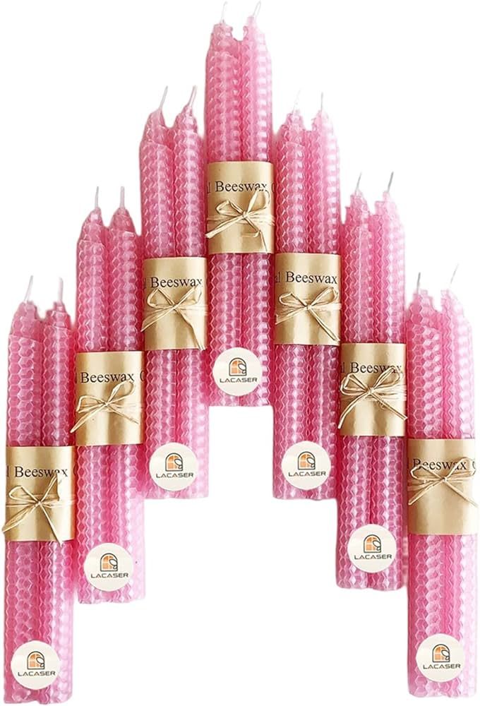 Lacaser Natural Beeswax Pink Taper Candles Bulk Set of 14 pcs, Unscented & Smokeless & Dripless L... | Amazon (US)