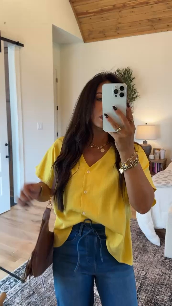 The prettiest pop of yellow 💛 This relaxed button-front blouse paired with wide-leg jeans makes the perfect casual-chic outfit! Finished with neutral sandals and a suede fringe bag for an easy transitional look.
#LTKStyleTip #CasualOutfit #WideLegJeans #TransitionalStyle