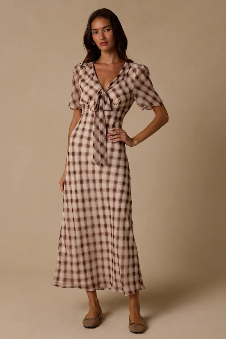 Montebello Brown & Ivory Plaid Maxi Dress | Lulus