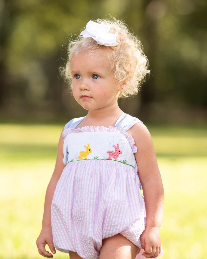 Colorful Bunnies Smocked Pink Seersucker Bubble | Smockingbird Kids