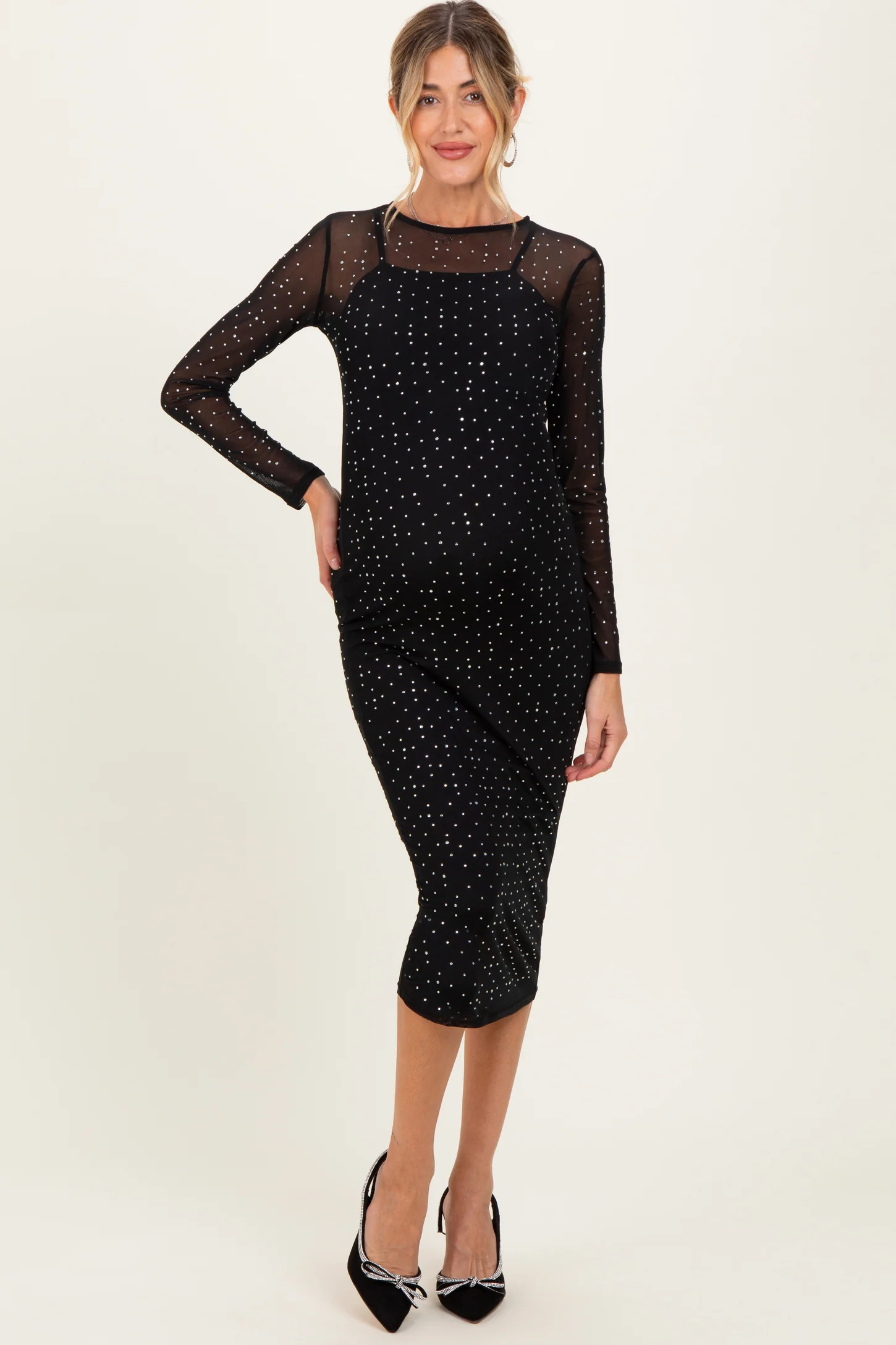 Black Rhinestone Mesh Long Sleeve Maternity Midi Dress | PinkBlush Maternity
