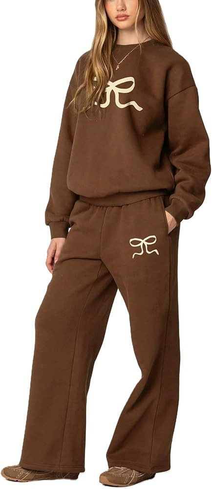 2 Piece Lounge Sets for Women Fall Sweatsuits Bow Print Long Sleeve Crew Neck Wide Leg Sweatpants... | Amazon (US)